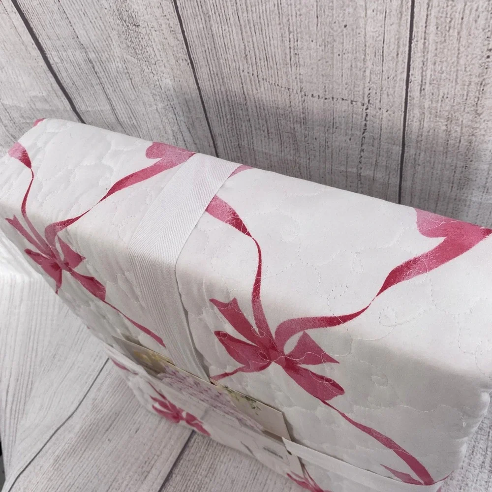 Modern Heirloom Abigail Bow Quilt Set Twin White Pink Ribbon Coquette Cottage